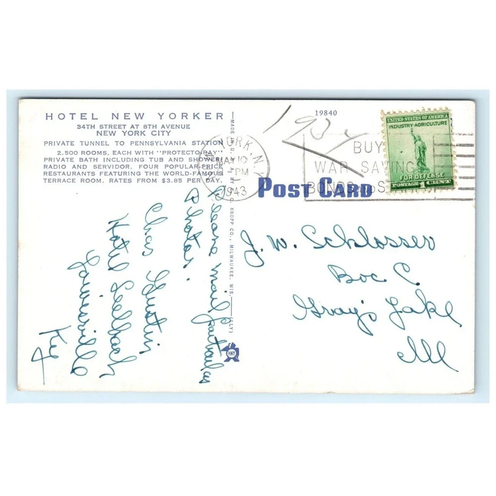 Vintage Postcard Hotel New Yorker – The Terrace Room New York‎ City NY NYC 1940s
